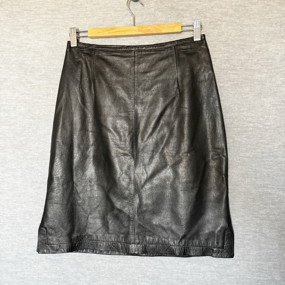 VTG 90s Yvonne Marie Leather Knee Length Skirt Womens 6 Black‎ Minimalist Vamp